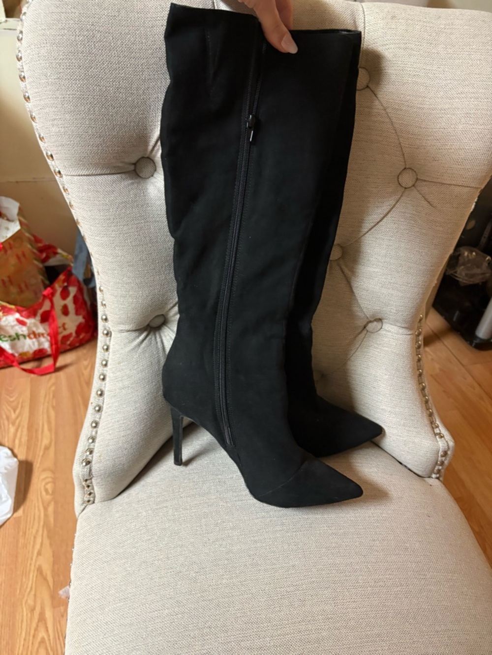 Black Pointed-Toe Stiletto Knee-High Boots - Women's - Picture 10 of 10
